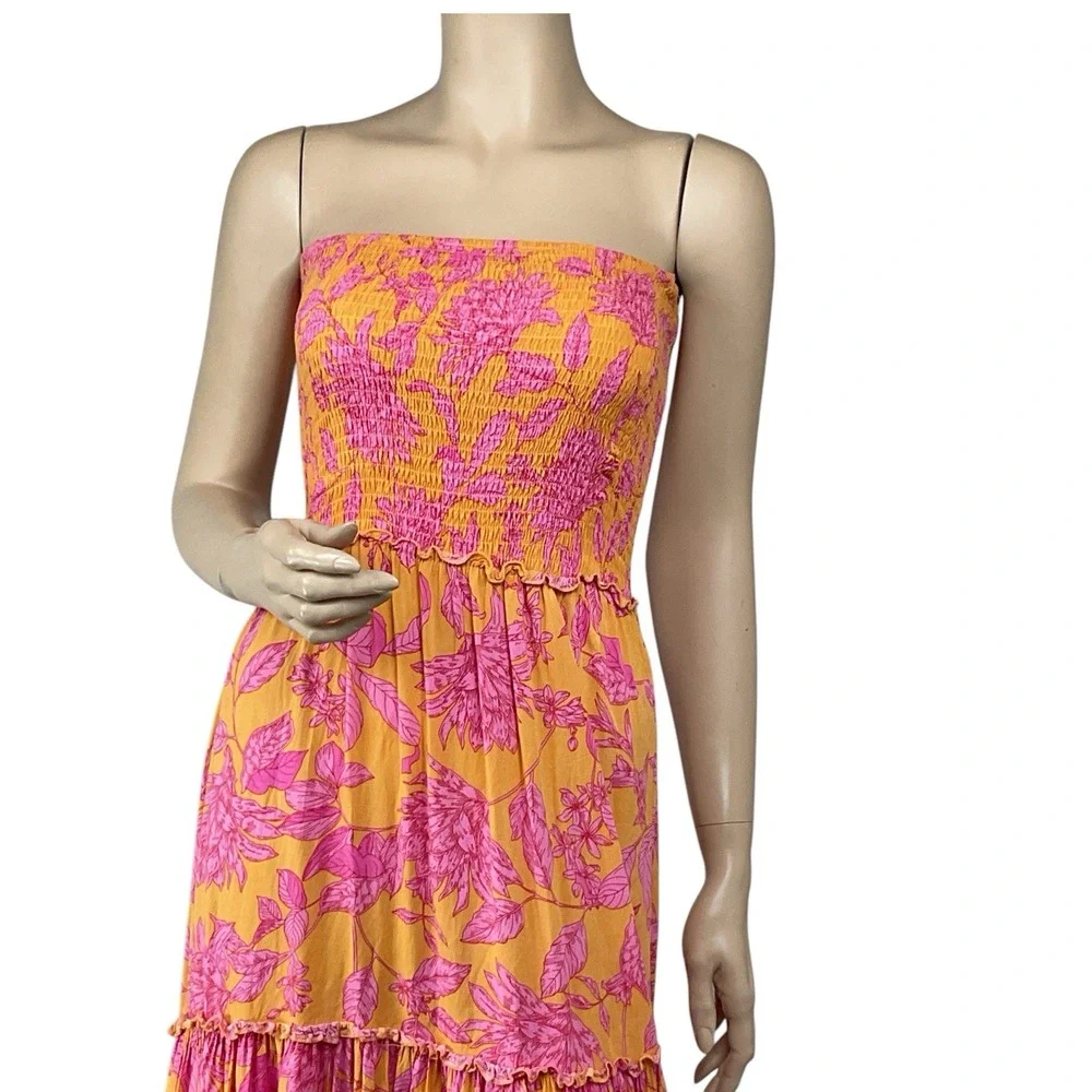 Abel The Label ATL‎ Strapless Tiered Maxi Dress Smocked Bodice Floral Hippie